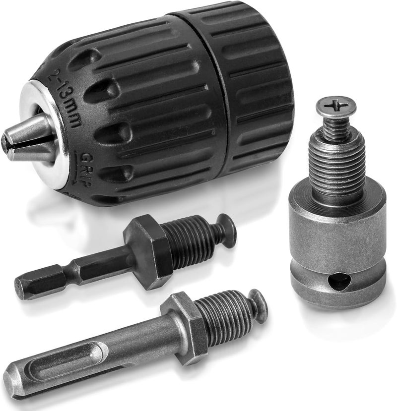 Hakkin 2-13mm Keyless Drill Chuck Adapter, 1/2-20Unf Drill Chuck with SDS-PLUS Shank Bit, 1/4" Hex Shank Lock Key, 1/2” Socket Square Female Adapter for Impact Driver, Electric Drill, Hammer Drill - Image 1